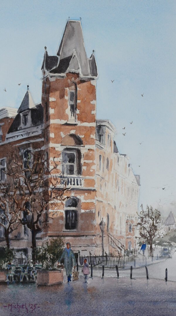 Watercolor by Michiel Geurts of a tipical house in Nijmegen