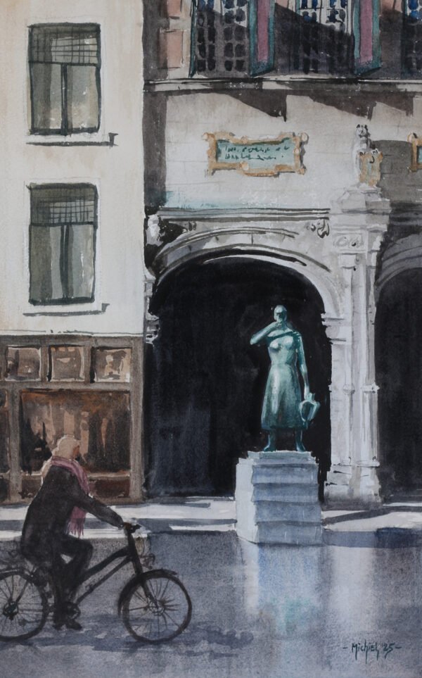 Watercolor of the statue of Mariken of Nieumeghen (Nijmegen)