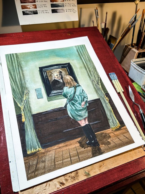 Watercolor in progress of a Quiet Moment with Rembrandt – Mauritshuis, The Hague