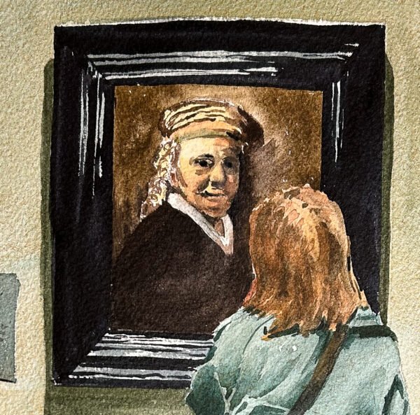 Detail of watercolor in progress of a Quiet Moment with Rembrandt – Mauritshuis, The Hague