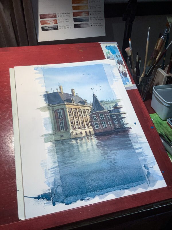 Watercolor in progress of the Hofvijver and Het Torentje in The Hague