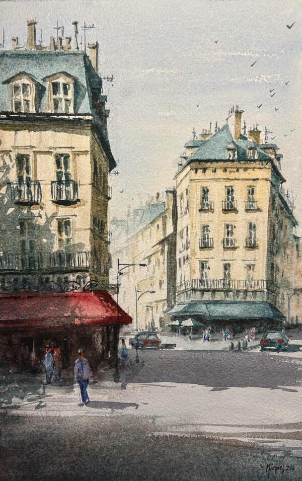 Watercolor of Café Le Danton at Boulevard Saint-Germain in Paris