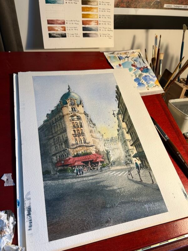 Watercolor in progress of Charivari at Boulevard Raspail