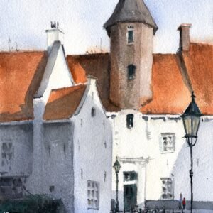 Aquarel van de Appelmarkt in Amersfoort met witte historische gevels, warme rode daken, een toren in zonlicht en koele schaduwen langs het water en de brug.