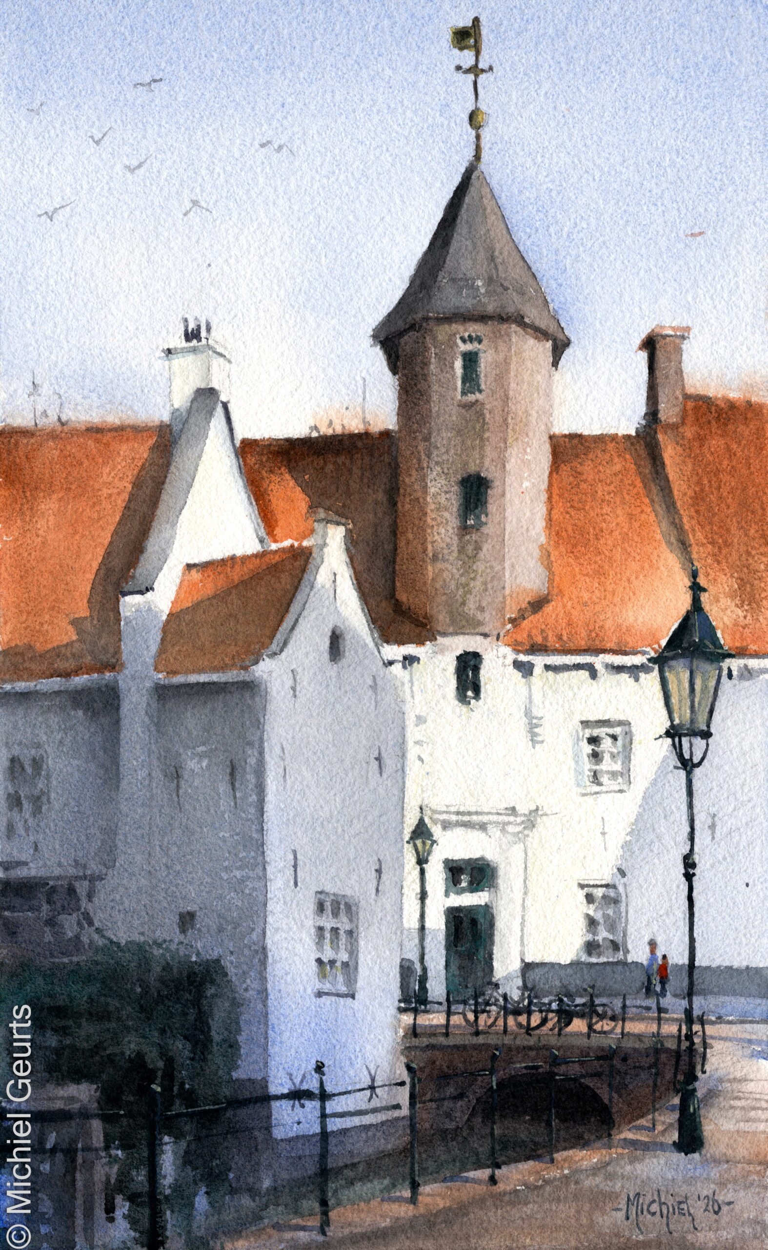 Aquarel van de Appelmarkt in Amersfoort met witte historische gevels, warme rode daken, een toren in zonlicht en koele schaduwen langs het water en de brug.