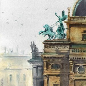 Aquarel van het Nationaal Theater in Praag met een deel van de monumentale gevel, een groen patinerend beeld op het dak en een zachte, mistige achtergrond.