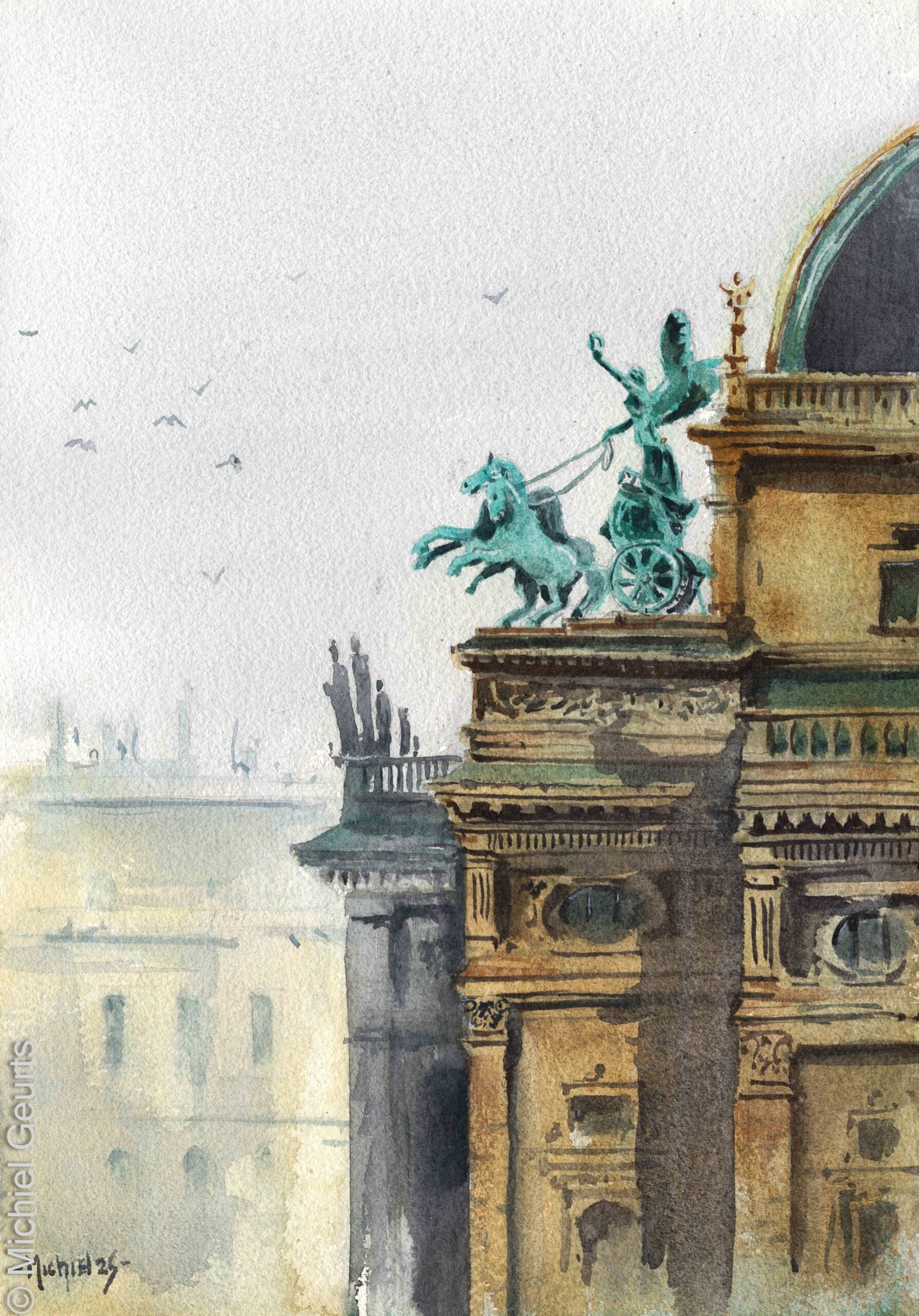 Aquarel van het Nationaal Theater in Praag met een deel van de monumentale gevel, een groen patinerend beeld op het dak en een zachte, mistige achtergrond.