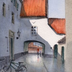 Aquarel van de St. Antonispoort in Nijmegen met witte gevels, warme rode daken, een poortdoorgang in fel zonlicht en een fiets op de voorgrond.